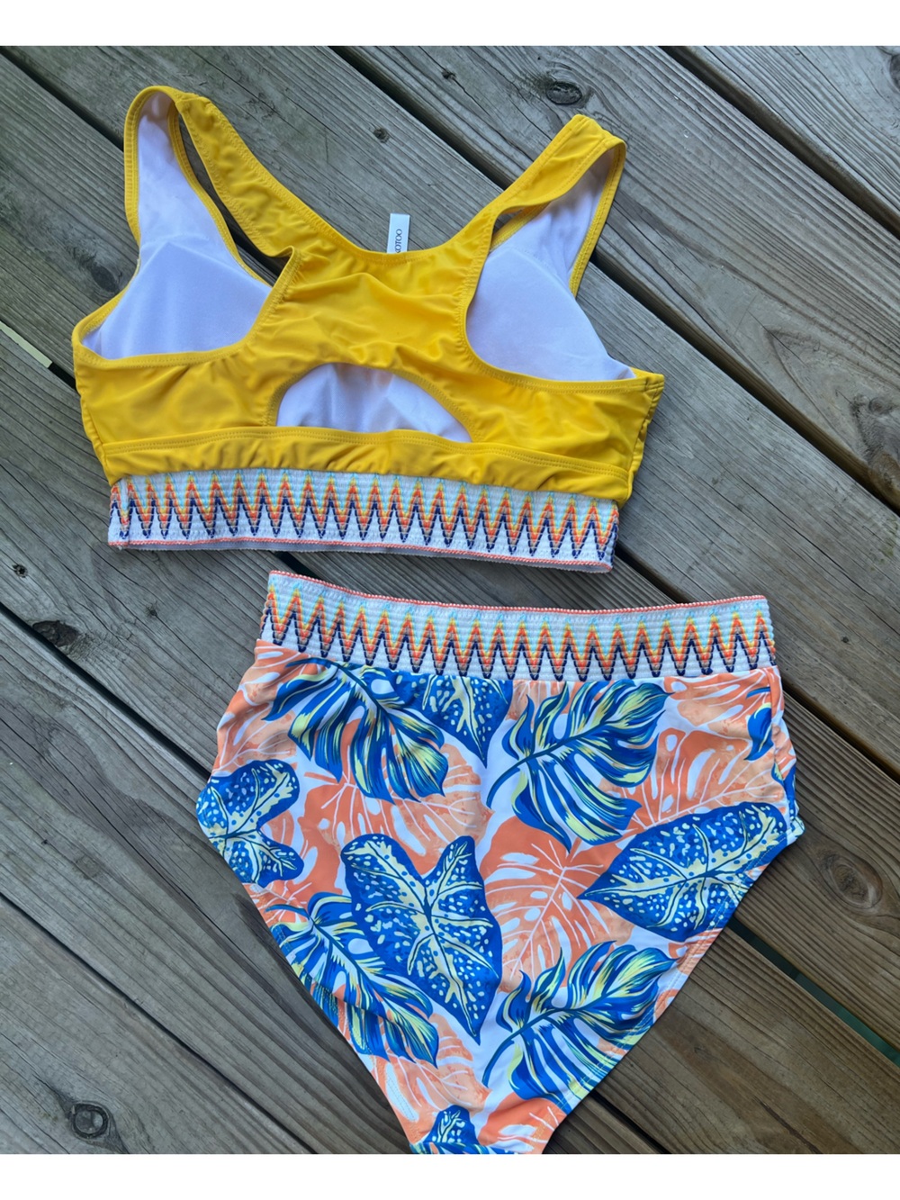 Dokotoo Large Scoop Neck Two Piece Yellow / Flower Racerback Bikini - Picture 4 of 6